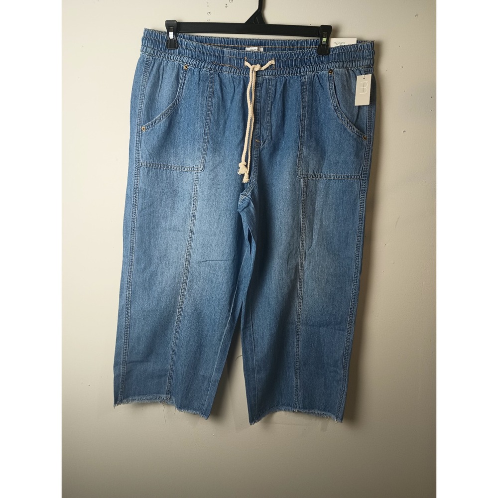 Maurices Women 18W High Rise Wide Leg Crop Jeans Blue Elastic Waist Drawstring